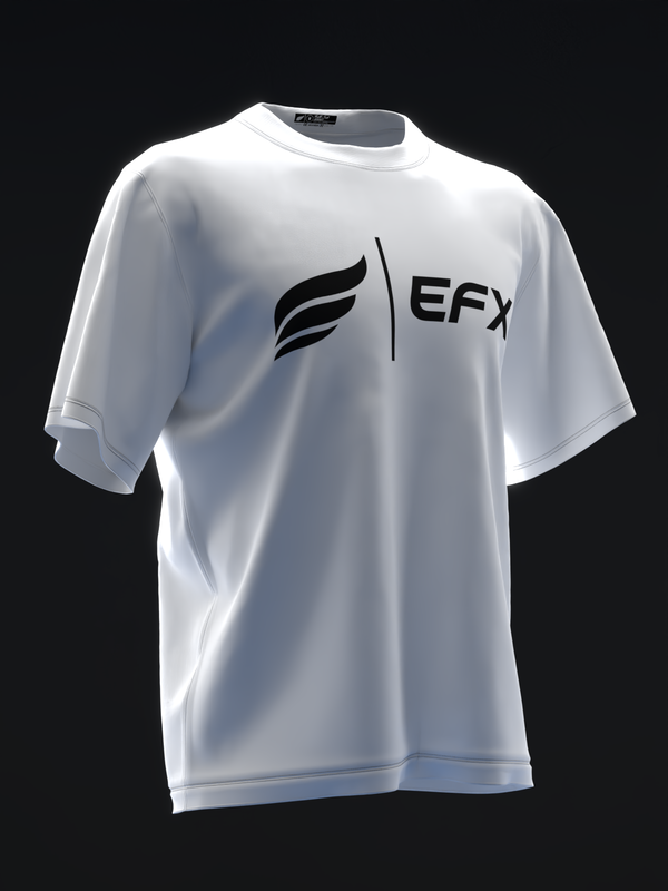 White bowling jersey with black EFX logo and feather graphic on front