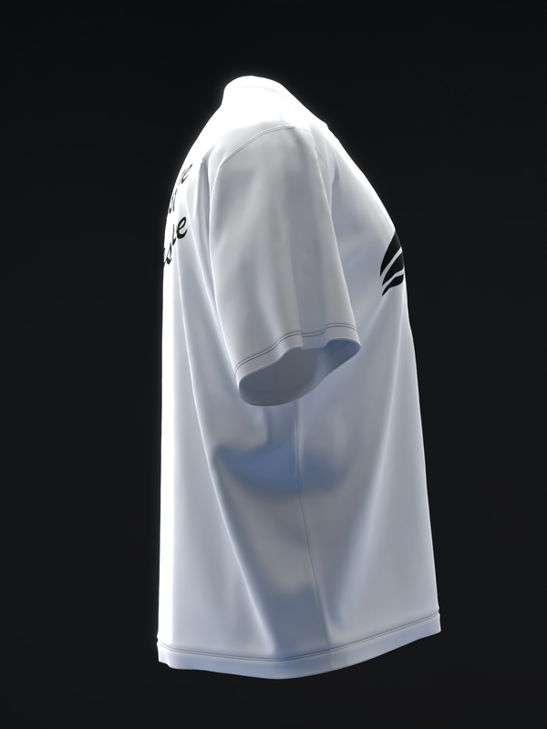 White bowling jersey with black stripe graphic on sleeve, side view