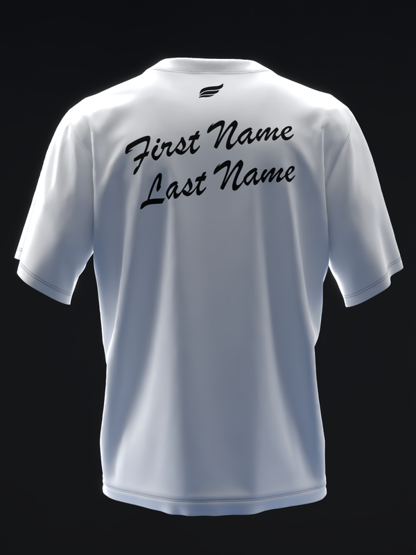 White bowling jersey back view with customizable first and last name text