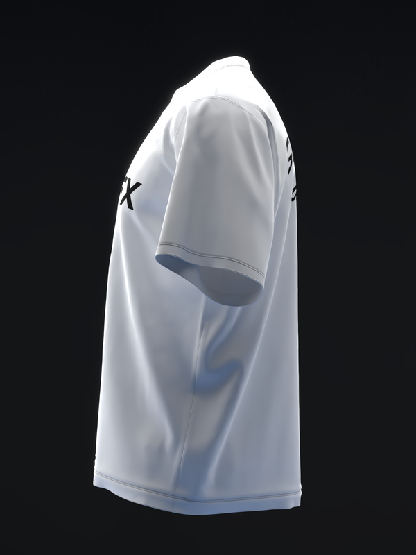 White bowling jersey with black star graphic on sleeve, side view