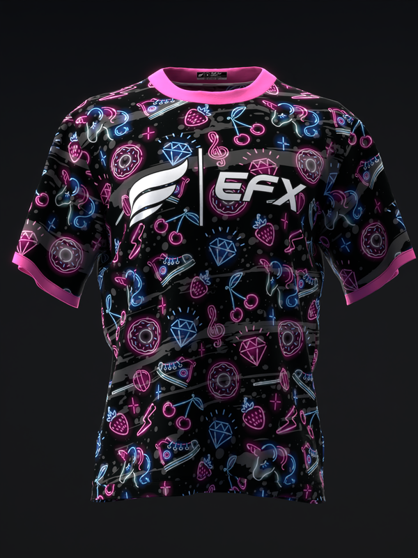 Black bowling jersey with neon neon pink, blue and purple neon icon pattern and EFX logo