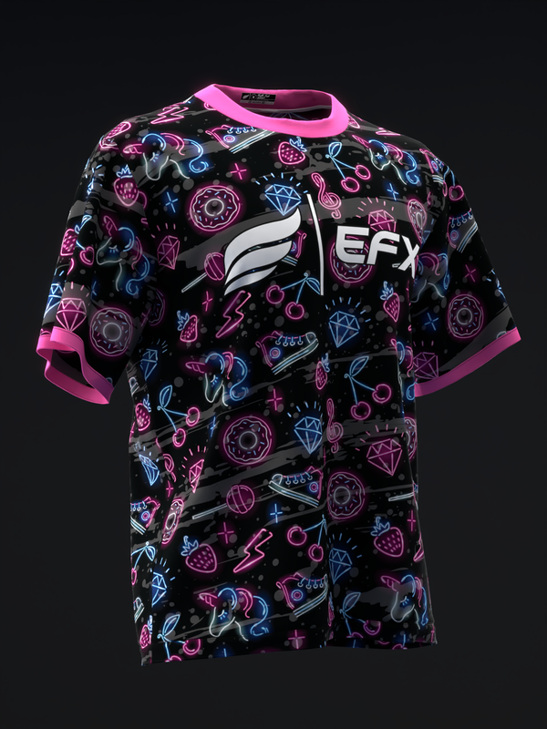 Black bowling jersey with neon pink and blue neon icon pattern throughout