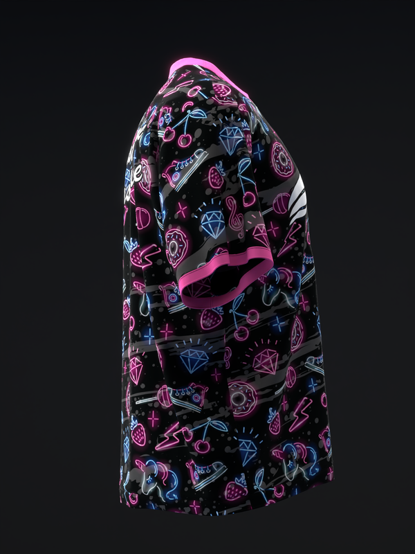 Black bowling jersey with neon pink, blue, and cyan neon-style graphic pattern, side view