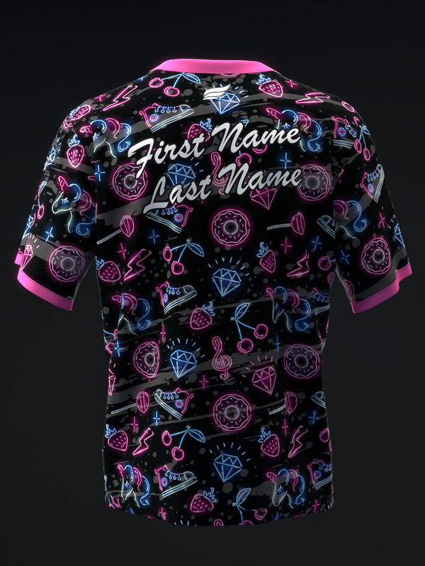 Black bowling jersey with neon pink and blue neon icons, personalized text back view