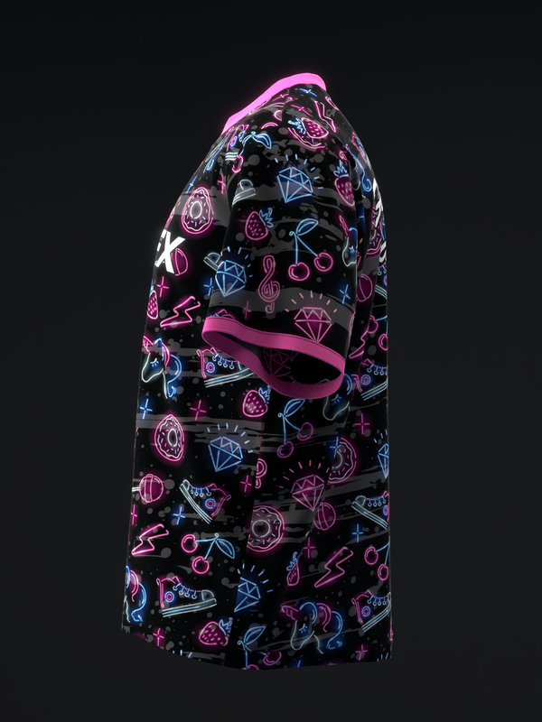 Black bowling jersey with neon pink, blue, and purple neon icons allover print, side view
