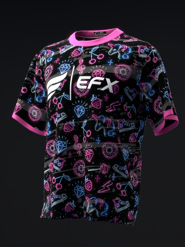 Black bowling jersey with neon pink and blue neon graphic pattern and EFX logo