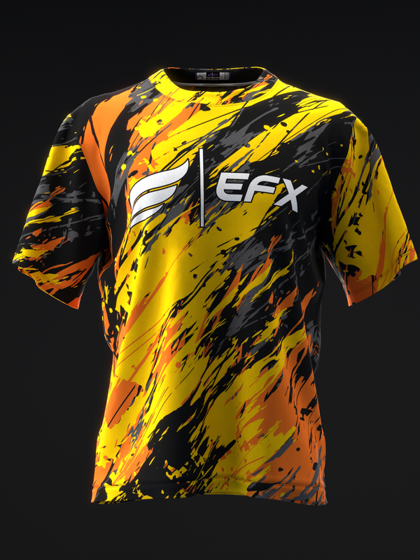 Front view of yellow, black, and orange splatter-pattern bowling jersey with EFX logo