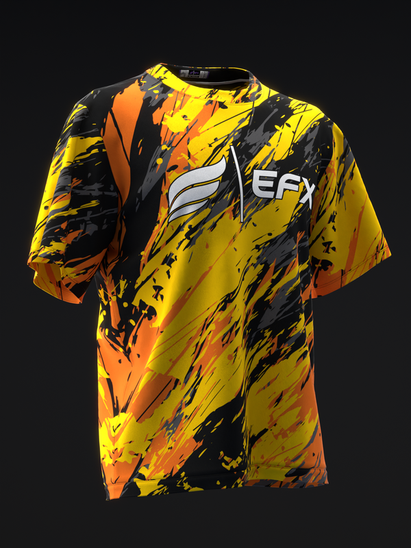 EFX bowling jersey with yellow, orange, black splatter pattern, front view