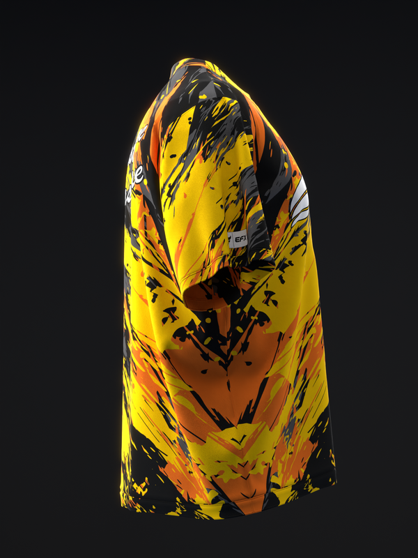 Yellow and orange bowling jersey with black splatter pattern design