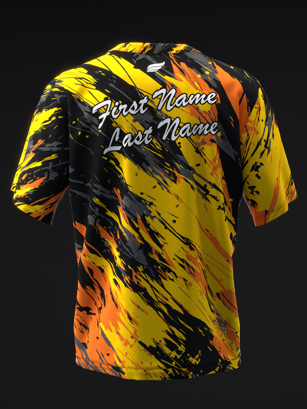 Black bowling jersey with yellow, orange, and gold splatter paint pattern design