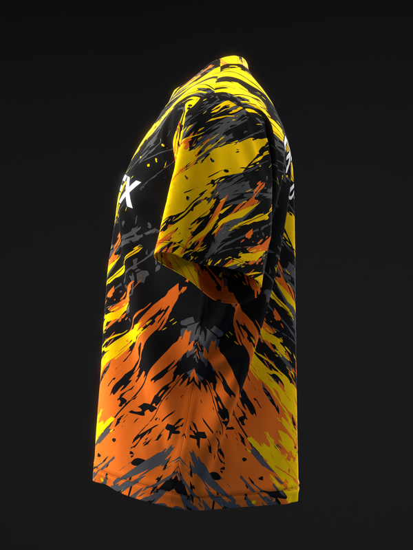 Black bowling jersey with yellow, orange, and charcoal abstract brushstroke pattern