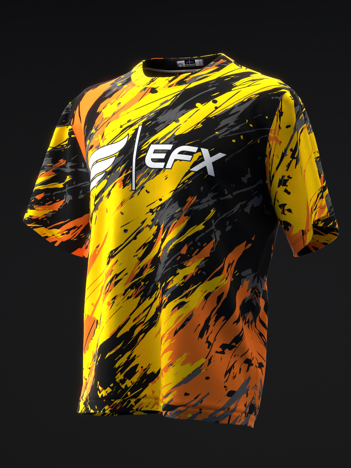 Black bowling jersey with yellow, orange, and white diagonal paint splatter design, front view