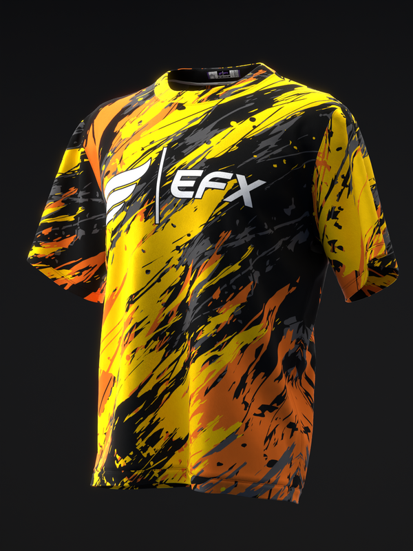 Black bowling jersey with yellow, orange, and white diagonal paint splatter design, front view