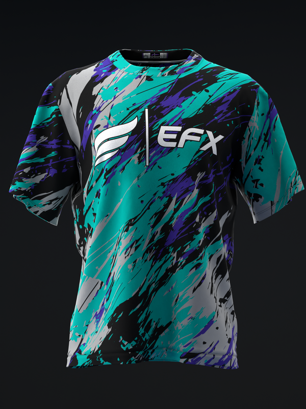 Front view of EFX bowling jersey with abstract paint splatter pattern in teal, purple, black, and gray.