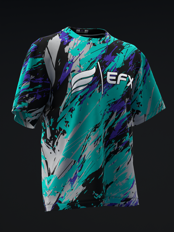 Front view of bowling jersey with teal, purple, and gray abstract paint splatter design
