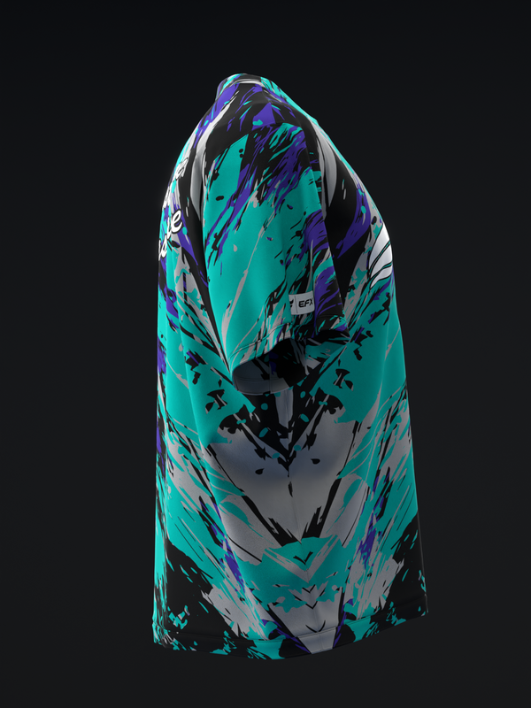 Bowling jersey with turquoise, purple, and black abstract brush stroke design front view