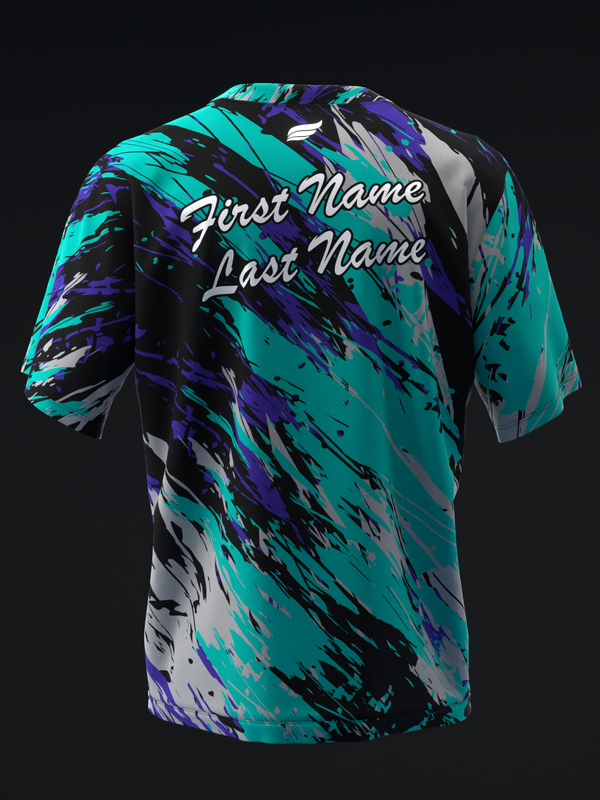 Bowling jersey back view with teal, purple, gray abstract paint splatter design and personalization text