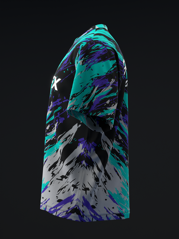 Gray, purple, and teal abstract brushstroke bowling jersey, side view