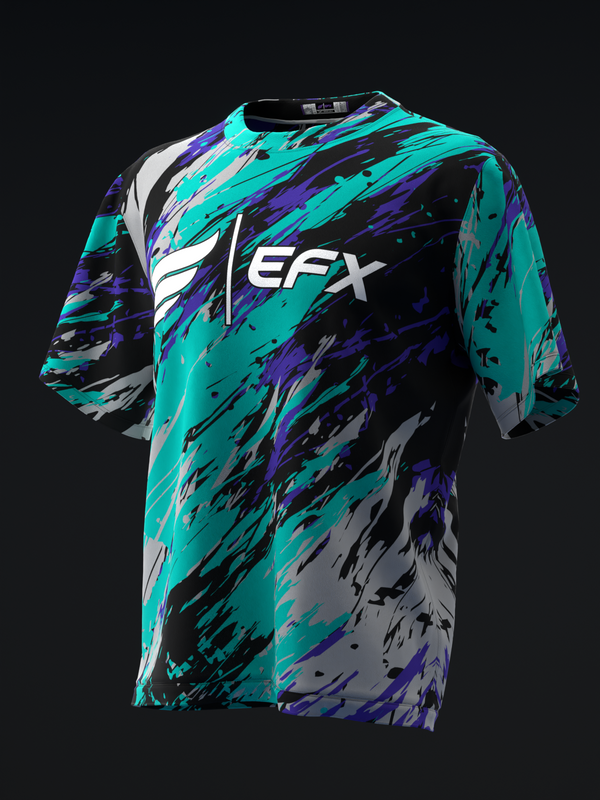 Bowling jersey front view with turquoise, purple, black and gray paint splatter design, EFX logo