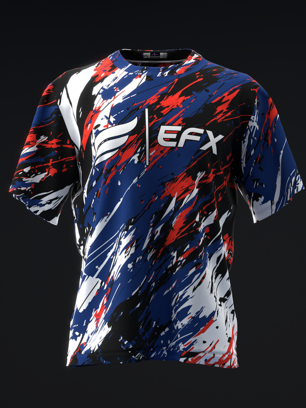 Navy blue bowling jersey with red and white brush stroke pattern and EFX logo
