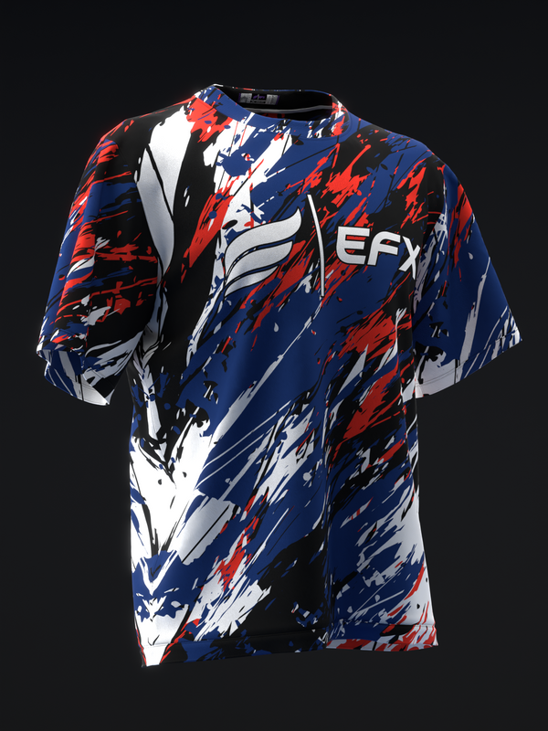 Navy, red, and white bowling jersey with abstract paint splatter pattern and EFX logo