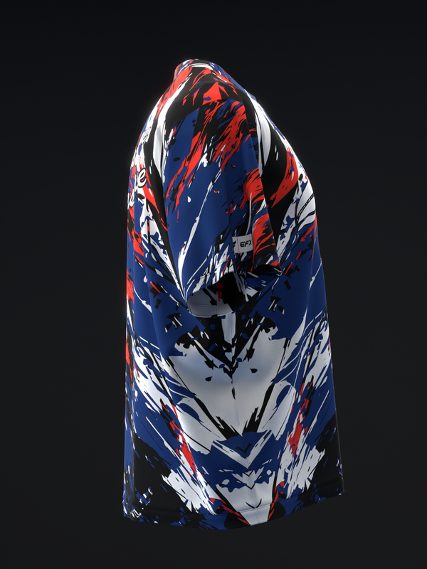Navy, red and white bowling jersey with abstract brushstroke pattern, front view