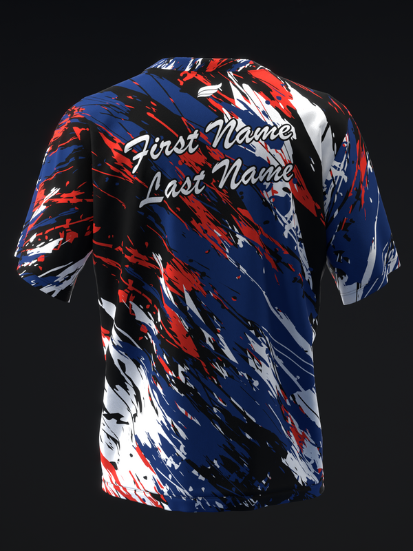 Bowling jersey back view with navy, red, and white paint stroke pattern and personalization text