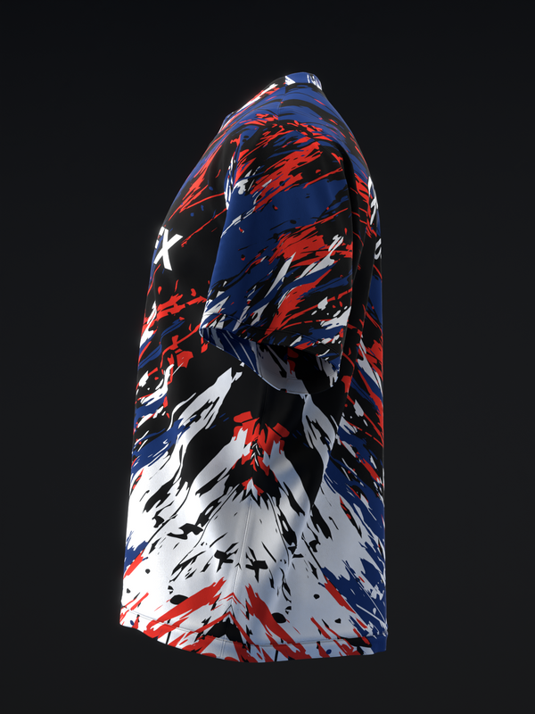 Navy, red, and white bowling jersey with abstract brushstroke graphic pattern