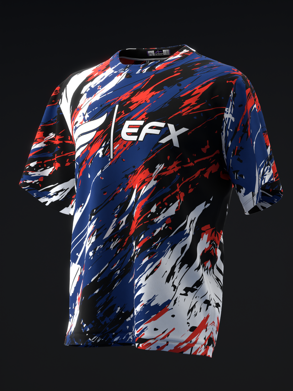 Navy, red, and white bowling jersey with abstract brushstroke pattern, front view