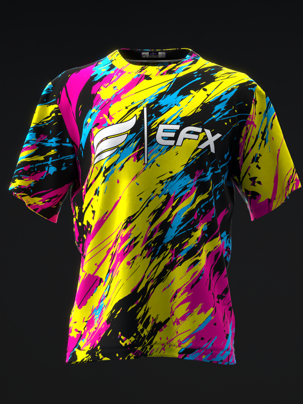 Front view bowling jersey with neon yellow, pink, blue, and black paint splatter pattern