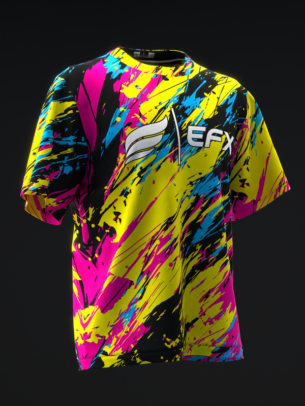 Front view of bowling jersey with yellow, magenta, cyan, and black paint splatter pattern design