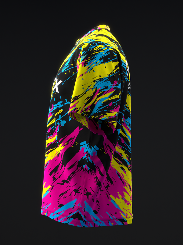 Bowling jersey with neon pink, yellow, and blue abstract brushstroke pattern