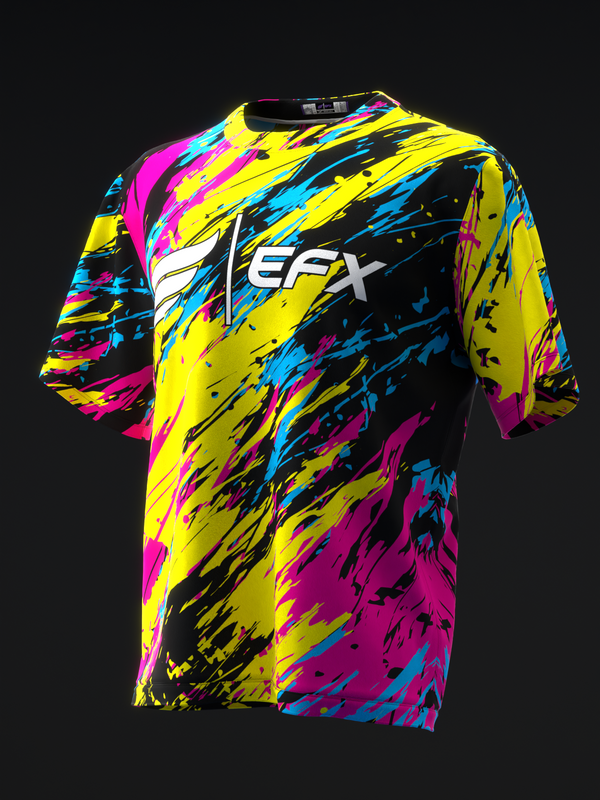 Bowling jersey front view with yellow, magenta, cyan splatter pattern and EFX logo
