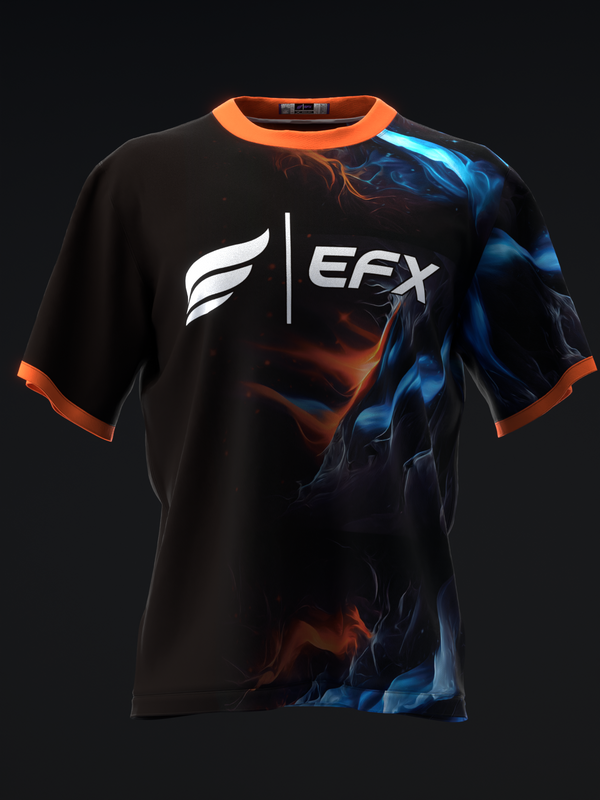 Black bowling jersey with orange trim and blue-orange flame graphic on front