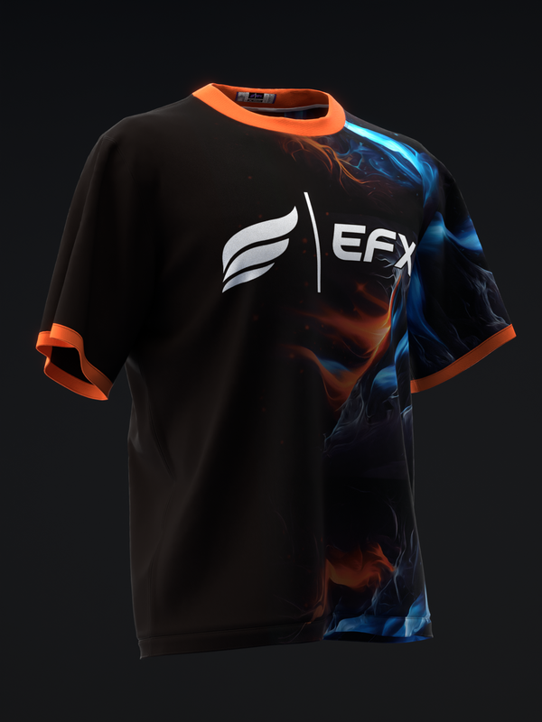 Black bowling jersey with orange trim and EFX logo, front view