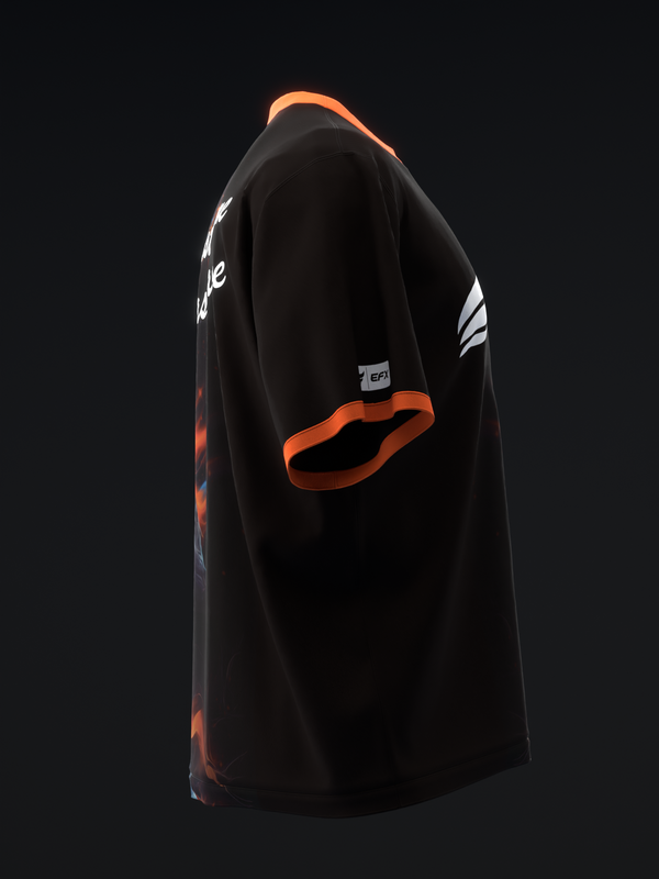 Black bowling jersey with orange trim and white graphic detail, side view
