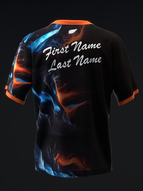 Black bowling jersey with blue and orange flame design and personalized name text