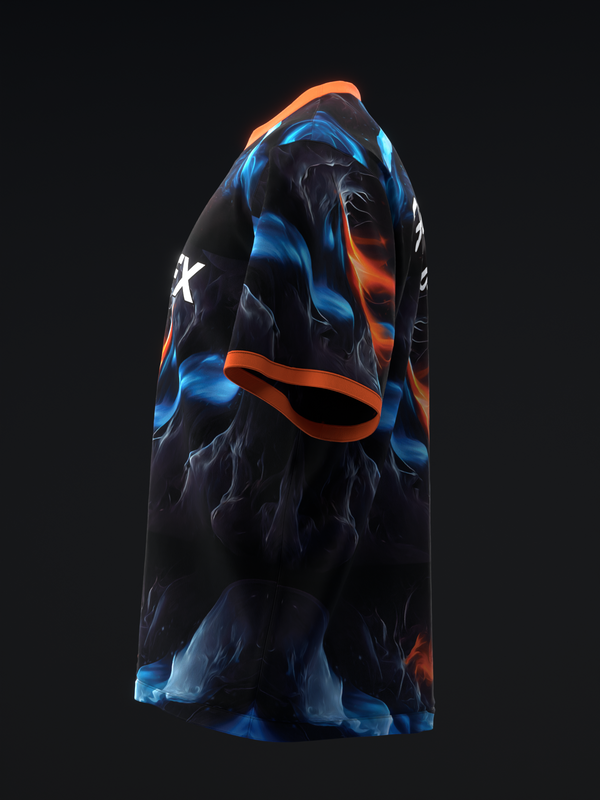 Black bowling jersey with blue and orange lightning graphic design, side view