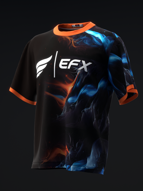 Black bowling jersey with orange trim and blue-orange flame graphic design
