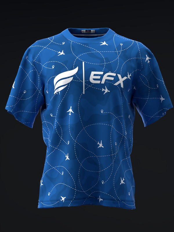 Blue bowling jersey with white airplane and flight route pattern design, front view