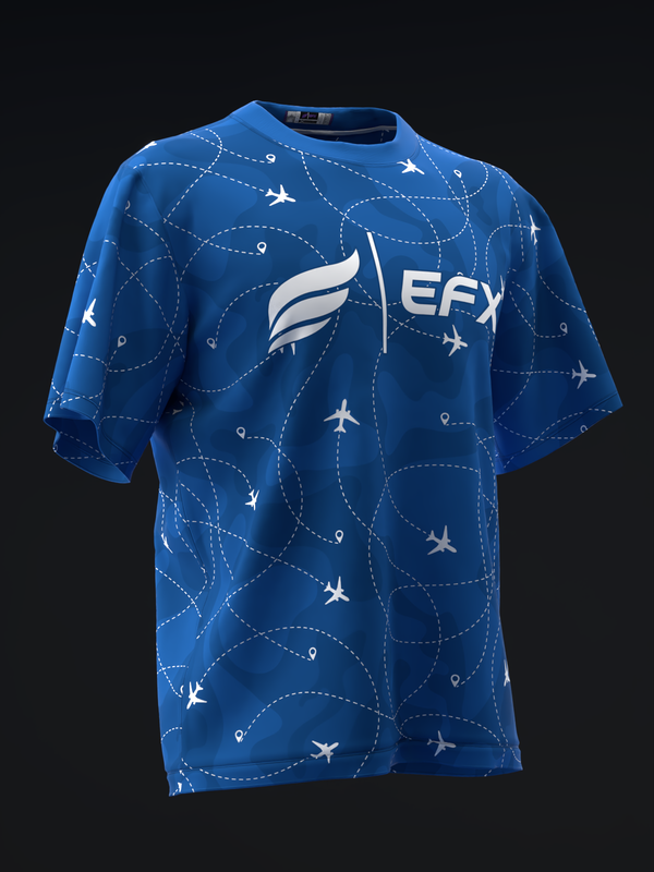 Blue bowling jersey with airplane flight path pattern and EFX logo, front view