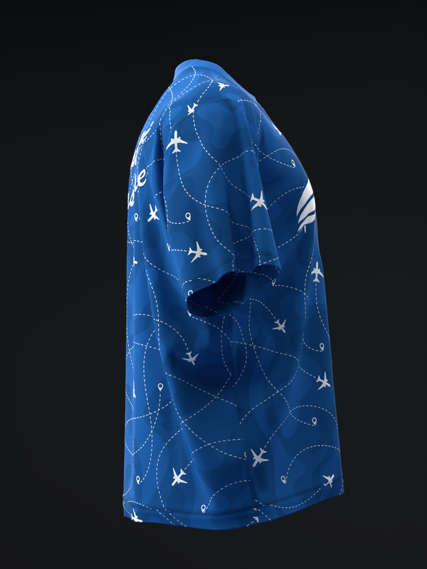 Blue bowling jersey with airplane and flight path design, side view