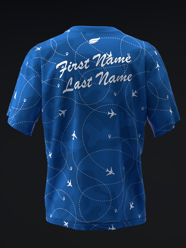 Blue bowling jersey with airplane and route line pattern, back view with personalization