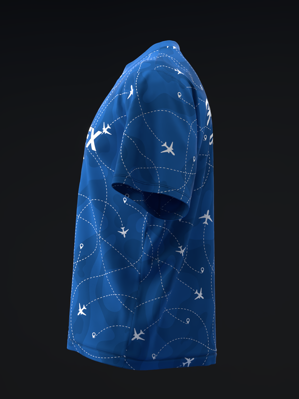 Blue bowling jersey with airplane and dotted flight path pattern, side view
