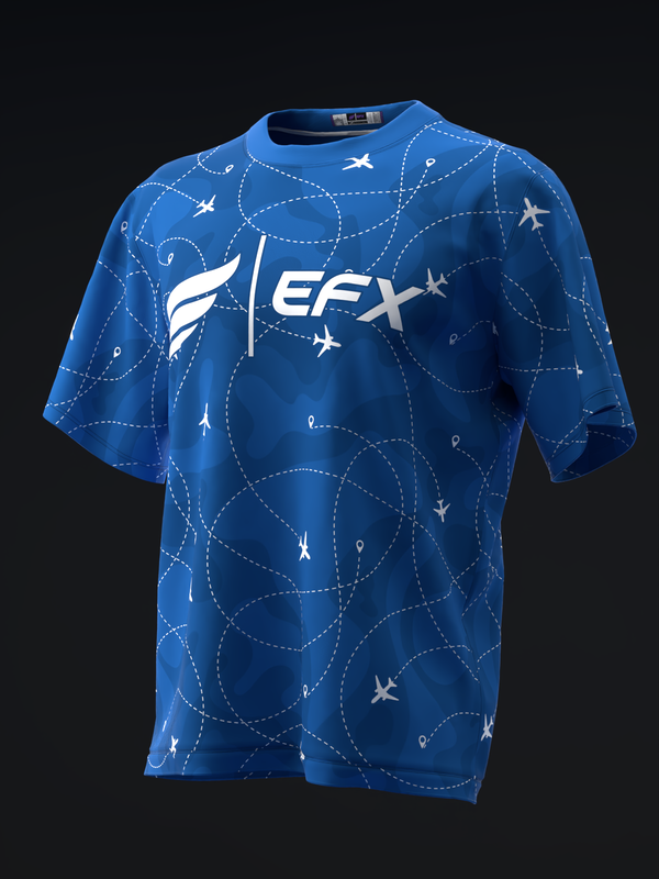Blue bowling jersey with white airplane and flight path design on front