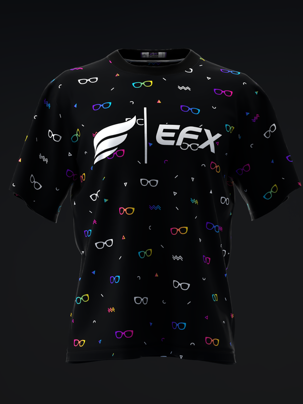 Black bowling jersey with colorful neon glasses and abstract pattern throughout front view