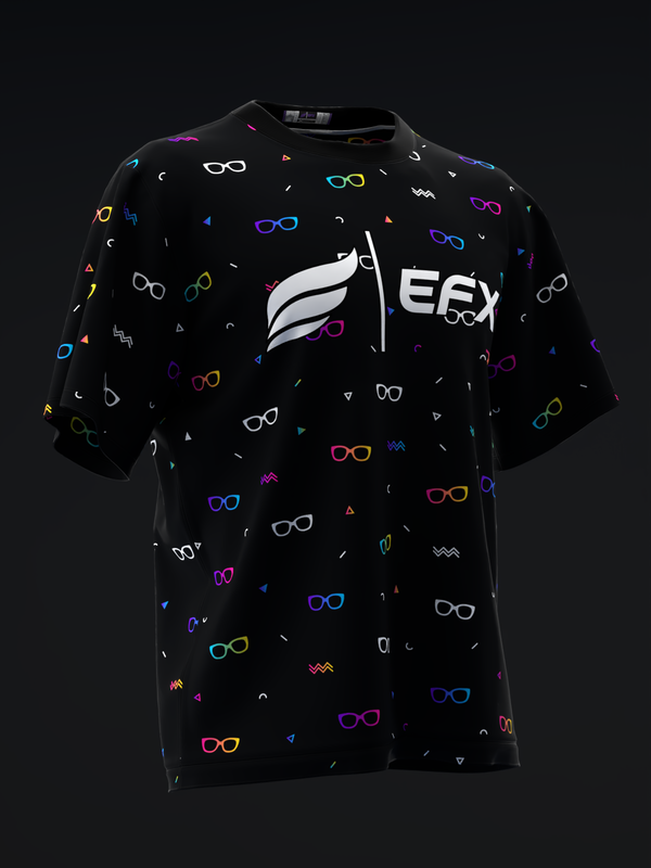 Black bowling jersey with colorful neon glasses and geometric pattern throughout