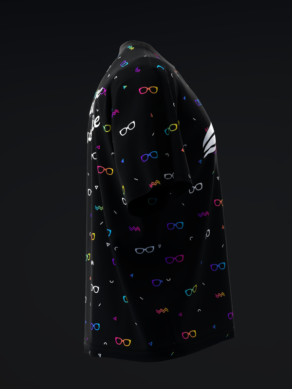 Black bowling jersey with colorful neon glasses pattern throughout front view