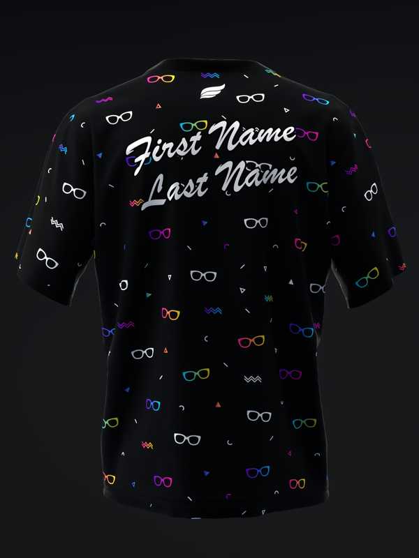 Black bowling jersey with colorful glasses pattern and personalized name text front view