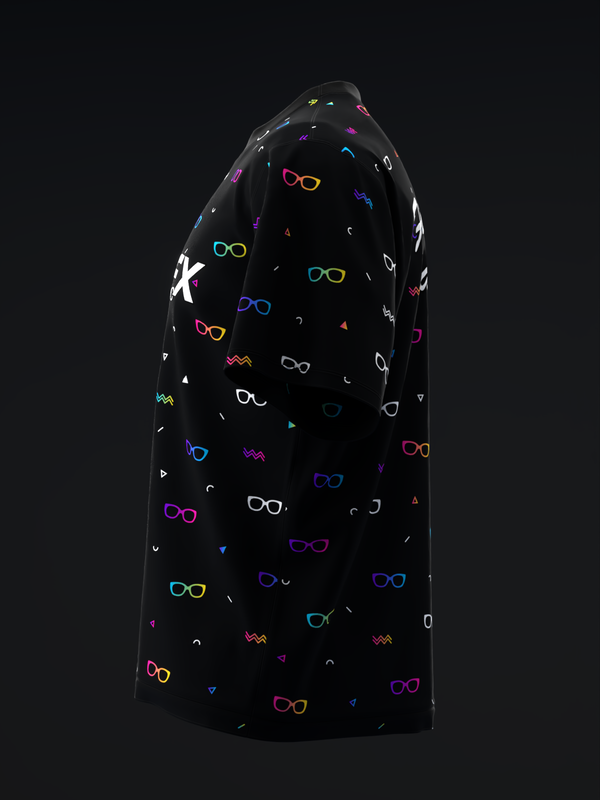 Black bowling jersey with colorful neon eyeglasses pattern throughout